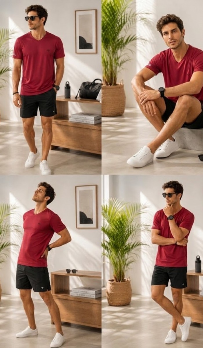 Erkek Bordo V Yaka T-Shirt