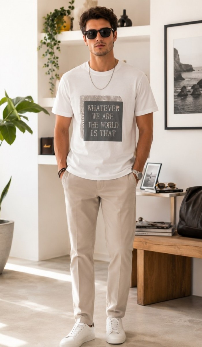 Erkek Beyaz O Yaka Basic T-Shirt