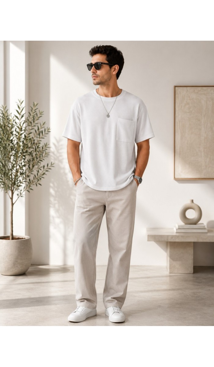 Erkek Beyaz Bisiklet Yaka Basic T-Shirt