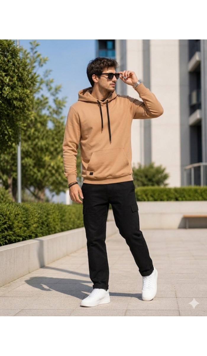 Erkek Bej Kapşonlu Sweatshirt
