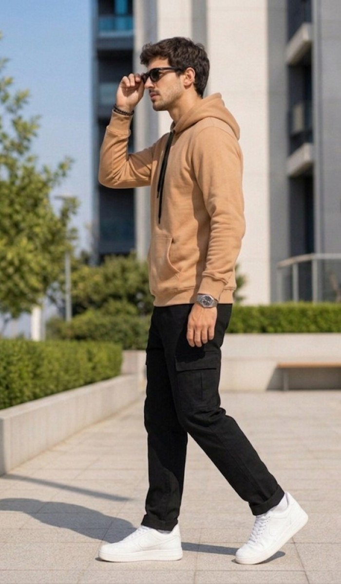 Erkek Bej Kapşonlu Sweatshirt Erkek Bej Kapşonlu Sweatshirt