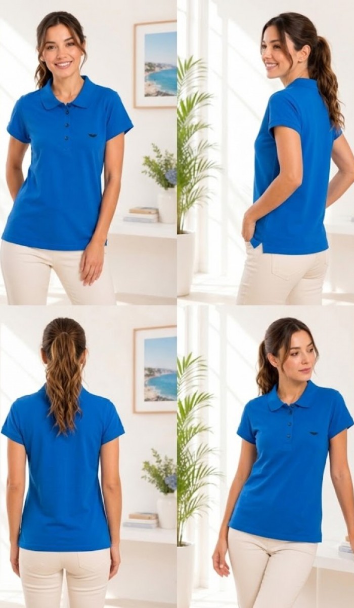 Kadın Mavi Polo Yaka Basıc T-Shirt