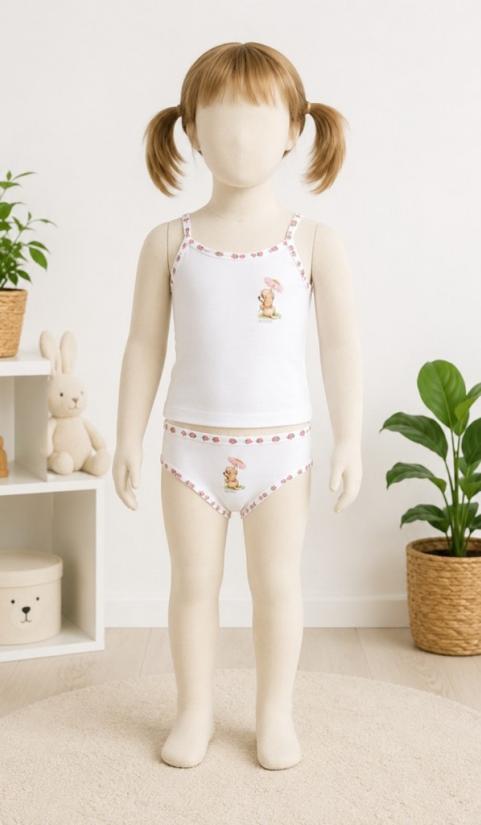 Kız Çocuk Beyaz Baskılı Atlet Slip Takım