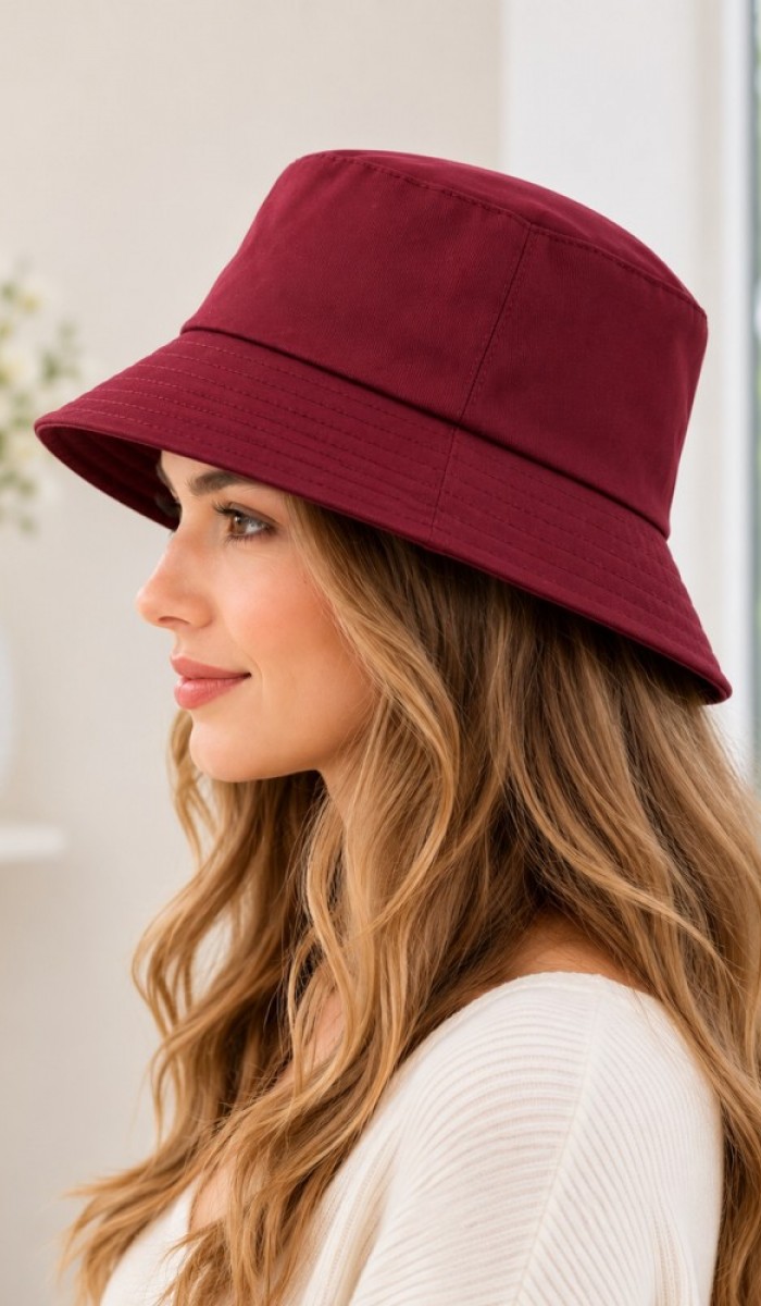 Kadın Bordo Düz Bucket Şapka
