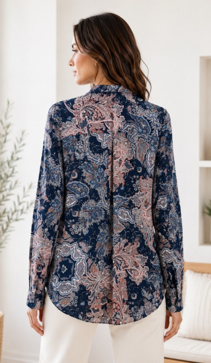 Kadın Lacivert Çok Renkli Paisley Desenli Gömlek Kadın Lacivert Çok Renkli Paisley Desenli Gömlek