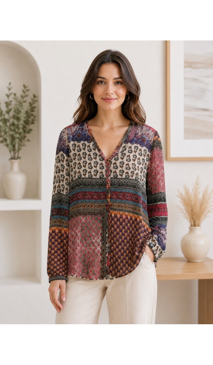 Kadın Çok Renkli Patchwork Gömlek Kadın Çok Renkli Patchwork Gömlek