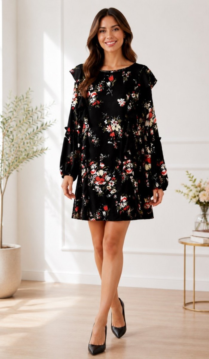 Kadın Siyah Çiçek Floral Baskılı Günlük Elbise Kadın Siyah Çiçek Floral Baskılı Günlük Elbise