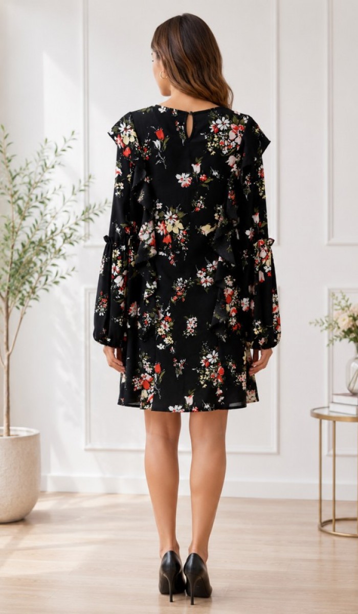 Kadın Siyah Çiçek Floral Baskılı Günlük Elbise Kadın Siyah Çiçek Floral Baskılı Günlük Elbise