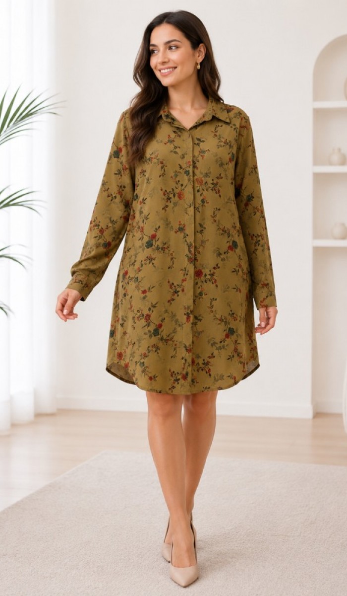 Kadın Haki Floral Desen Günlük Elbise