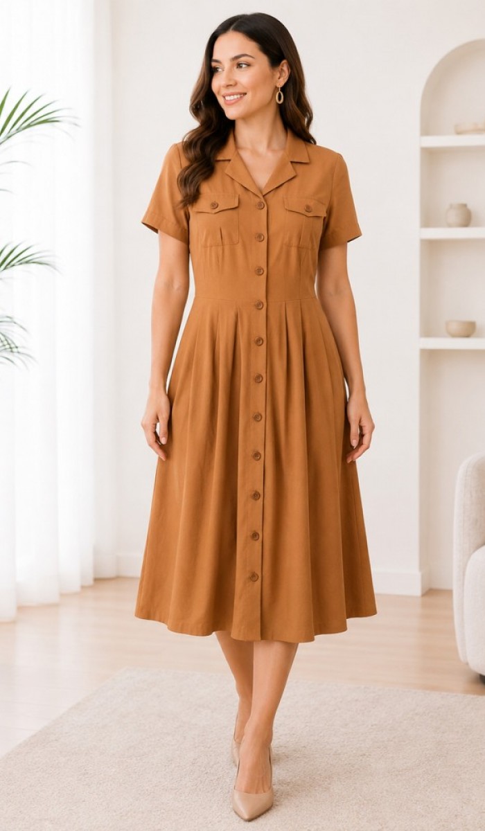 Kadın Taba Düğmeli Midi Elbise Kadın Taba Düğmeli Midi Elbise