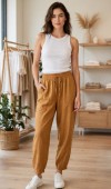 Kadın Taba Keten Jogger Pantolon