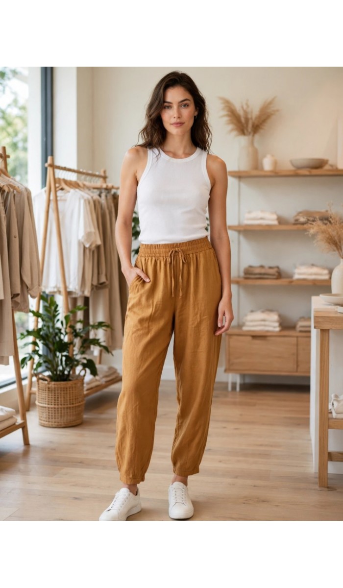 Kadın Taba Keten Jogger Pantolon