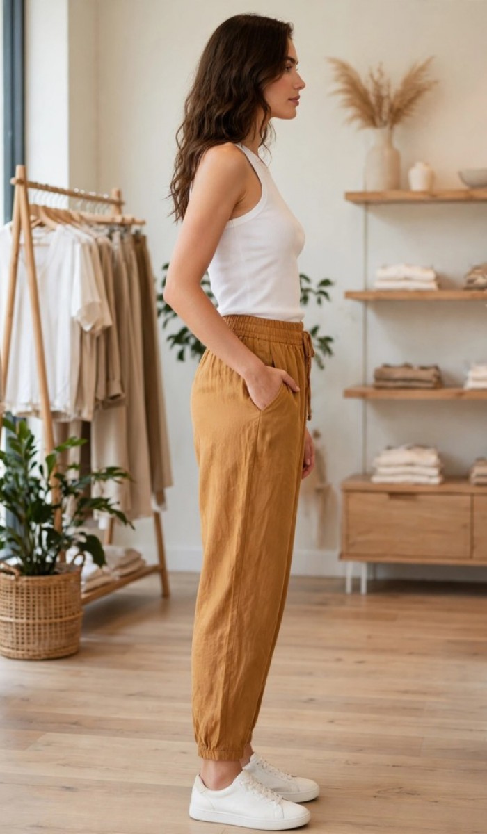 Kadın Taba Keten Jogger Pantolon