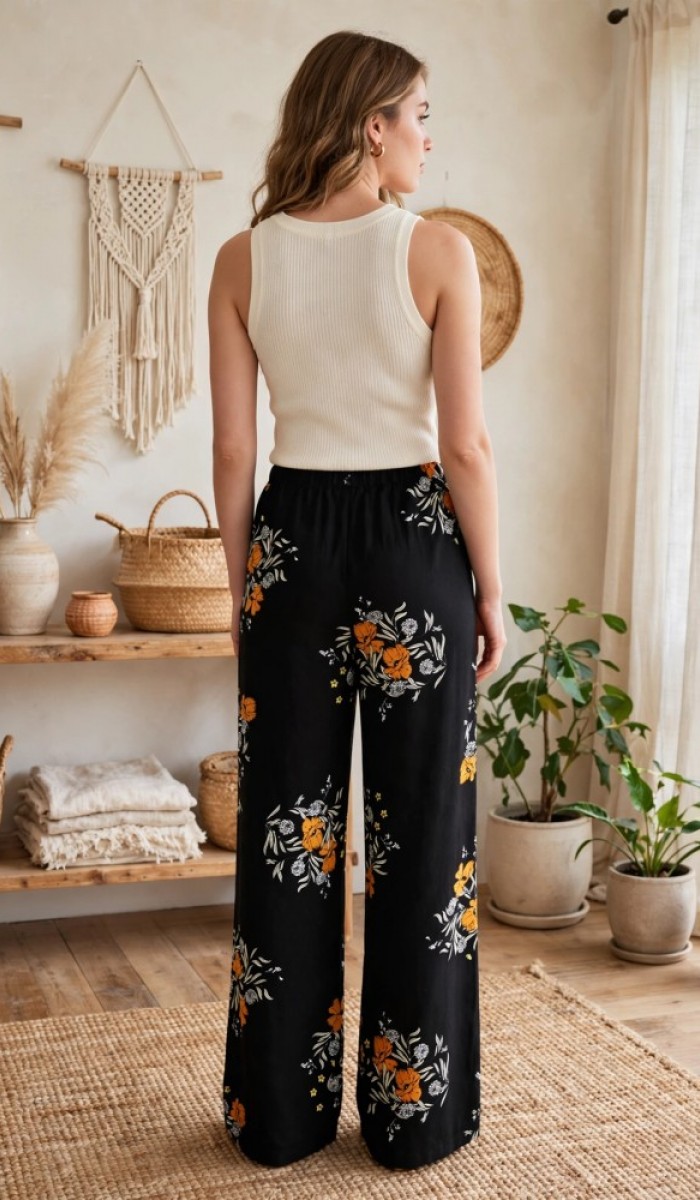 Kadın Siyah Çiçek Desenli Bol Paça Pantolon Kadın Siyah Çiçek Desenli Bol Paça Pantolon